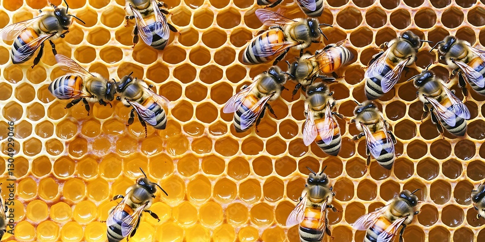 Bees working on a honeycomb inside their hive, full of honey, for food production Bees working on a honeycomb inside their hive, full of honey, for food production