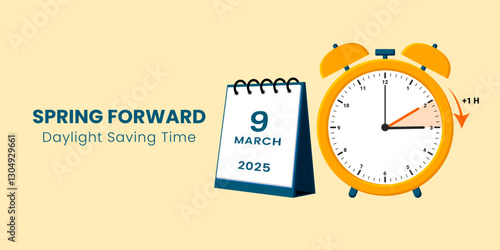Daylight Saving Time Begins. The clock turns one hour on March 9, 2025. Spring forward concept banner. Vector illustration