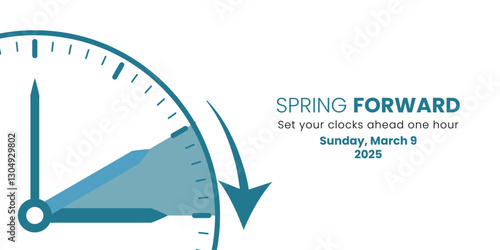 Daylight Saving Time Begins. The clock turns one hour on March 9, 2025. Spring forward concept banner. Vector illustration