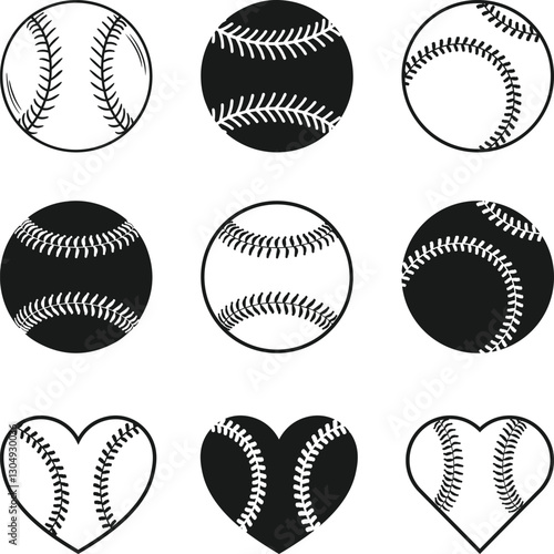 Baseball Icons and Hearts, Baseball Ball Sketch Silhouette, Baseball Ball Icon SVG