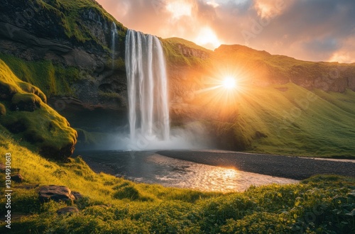 Majestic Waterfall Cascading Over Lush Green Cliffs at Sunset with Radiant Sunburst in the Background and Tranquil River in Foreground