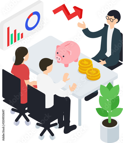 男性のファイナンシャルプランナーと相談する夫婦のアイソメトリックイラスト