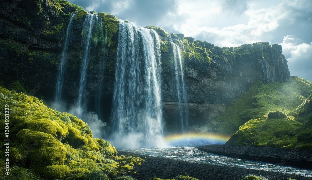 Fototapeta premium Majestic Waterfall Cascading Over Lush Green Cliffside with Rainbow in Misty Atmosphere and Dramatic Sky Background in Icelandic Landscape