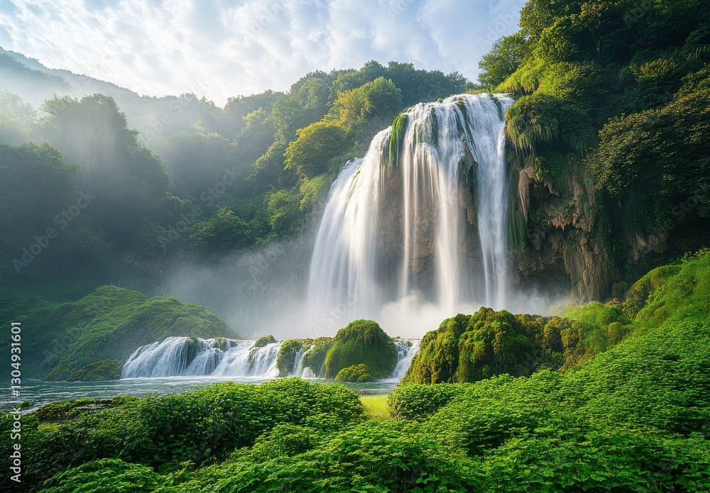 Fototapeta premium Majestic Waterfall Cascading Over Lush Green Rocks in a Serene Natural Landscape Under Bright Blue Sky with Soft White Clouds