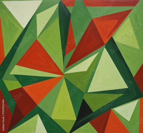 This abstract art piece features a geometric pattern of triangles in various shades of green, orange, and red, arranged in a circular formation
