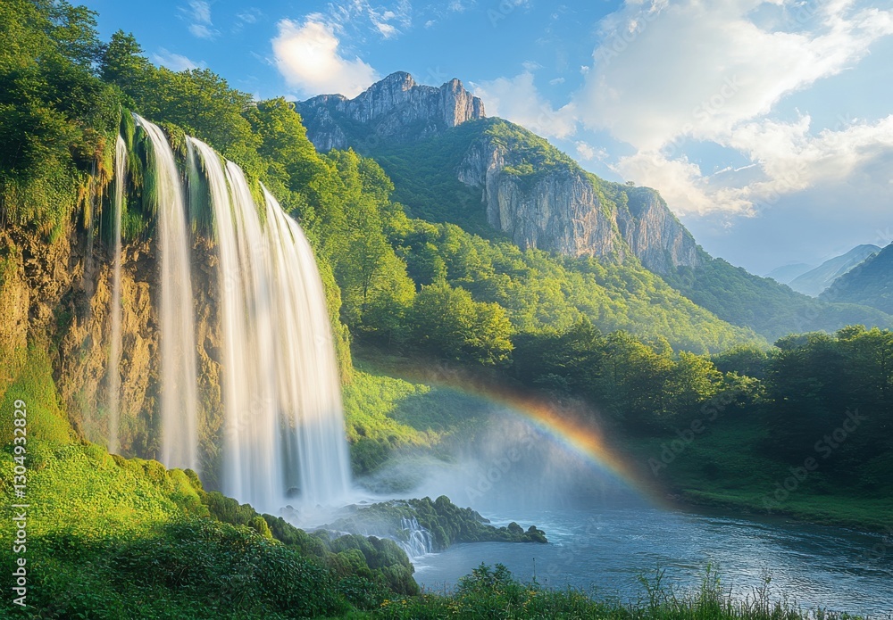 Fototapeta premium Majestic Waterfall Cascading Over Rocks Surrounded by Lush Greenery and Mountains Under a Bright Blue Sky with a Rainbow in the Background
