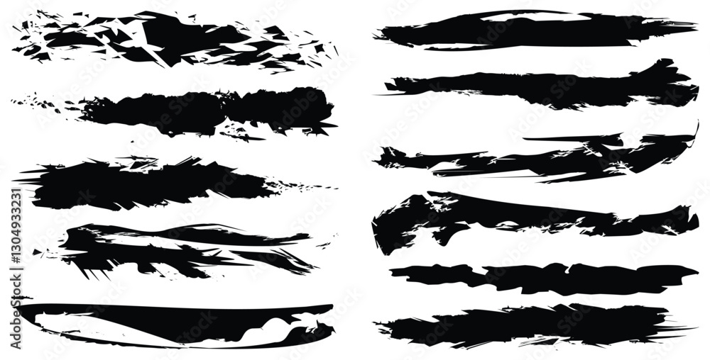 Grunge Ink Brush Strokes Vector Set. Isolated On Transparent Background.