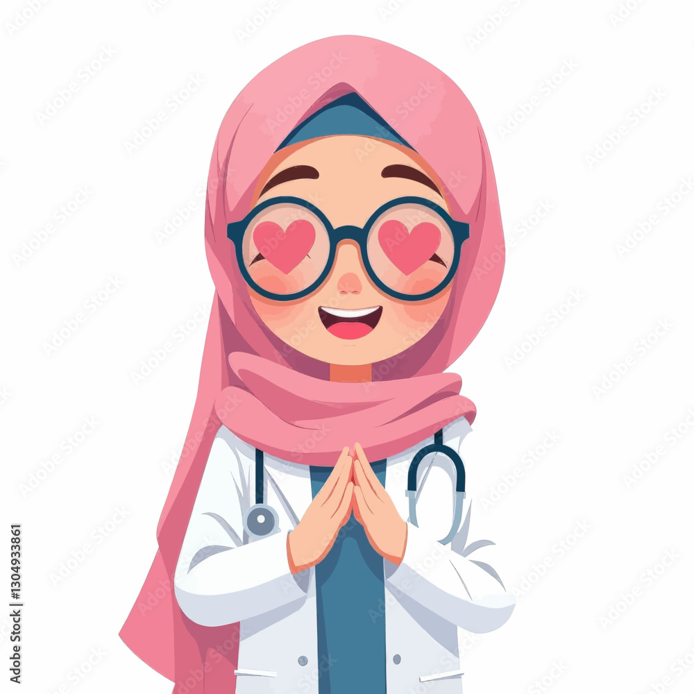 Caring Muslim doctor with heart-shaped glasses and pink hijab Caring Muslim doctor with heart-shaped glasses and pink hijab