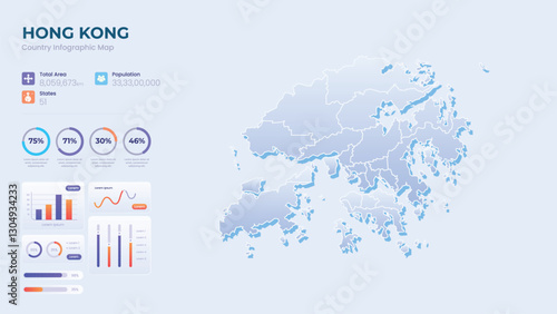 Infographic Map of Hong Kong. Total Area, Papulation, States & More Detailed Infographic Map of Hong Kong. Vector Illustration