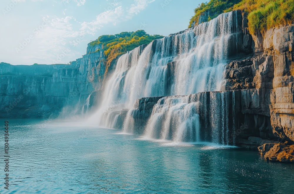 Fototapeta premium Majestic Waterfall Cascading Over Rocky Cliffs Into Crystal Clear Lake Under Bright Blue Sky and Soft White Clouds in a Serene Natural Landscape