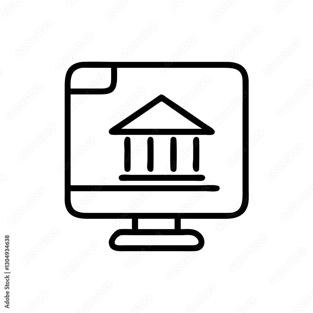 Fintech Online bank account access icon with monitor and bank symbol Fintech Online bank account access icon with monitor and bank symbol