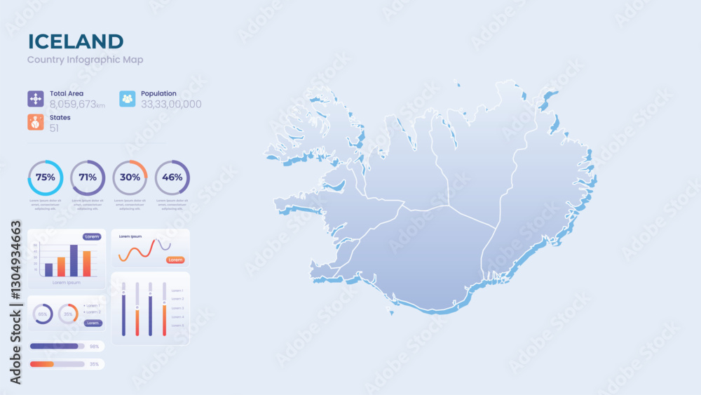 Obraz premium Infographic Map of Iceland. Total Area, Papulation, States & More Detailed Infographic Map of Iceland. Vector Illustration