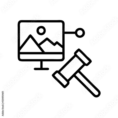 Fintech NFT auction bidding icon with artwork and gavel in outline style