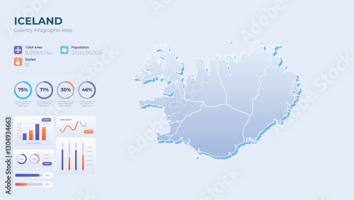 Infographic Map of Iceland. Total Area, Papulation, States & More Detailed Infographic Map of Iceland. Vector Illustration