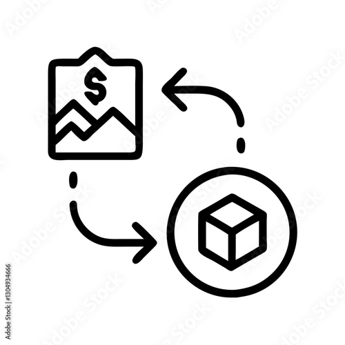 Fintech NFT minting process icon with image and blockchain cube