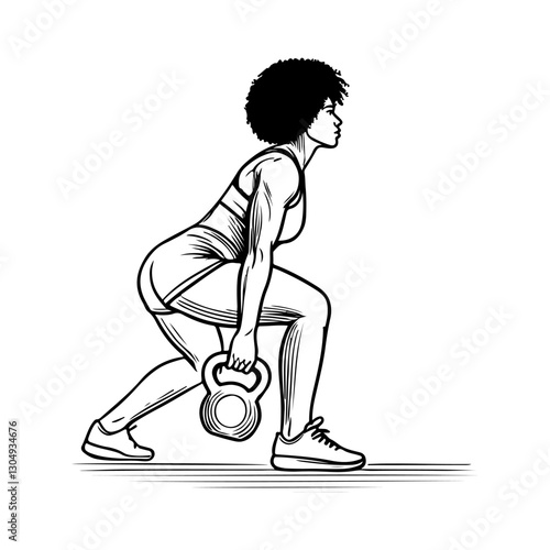 Hand-drawn illustration of a fit woman performing a kettlebell lunge, emphasizing strength training, fitness, and healthy lifestyle