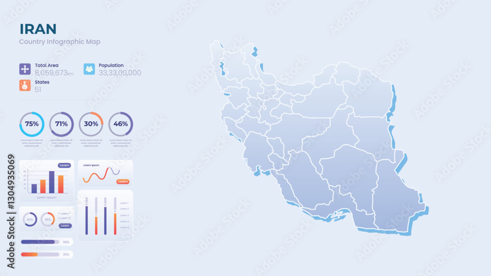 Obraz premium Infographic Map of Iran. Total Area, Papulation, States & More Detailed Infographic Map of Iran. Vector Illustration