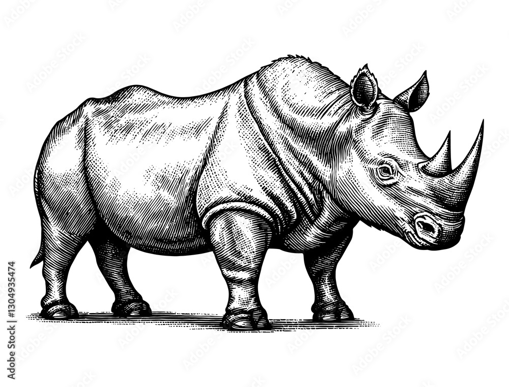 Obraz premium Rhino vintage Monochrome black and white drawing Illustration