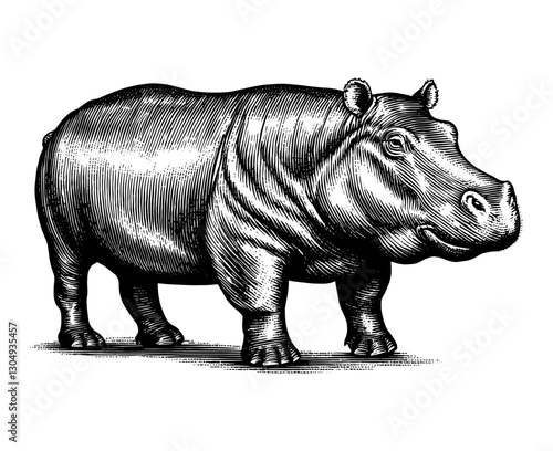 Hippo vintage Monochrome black and white drawing Illustration