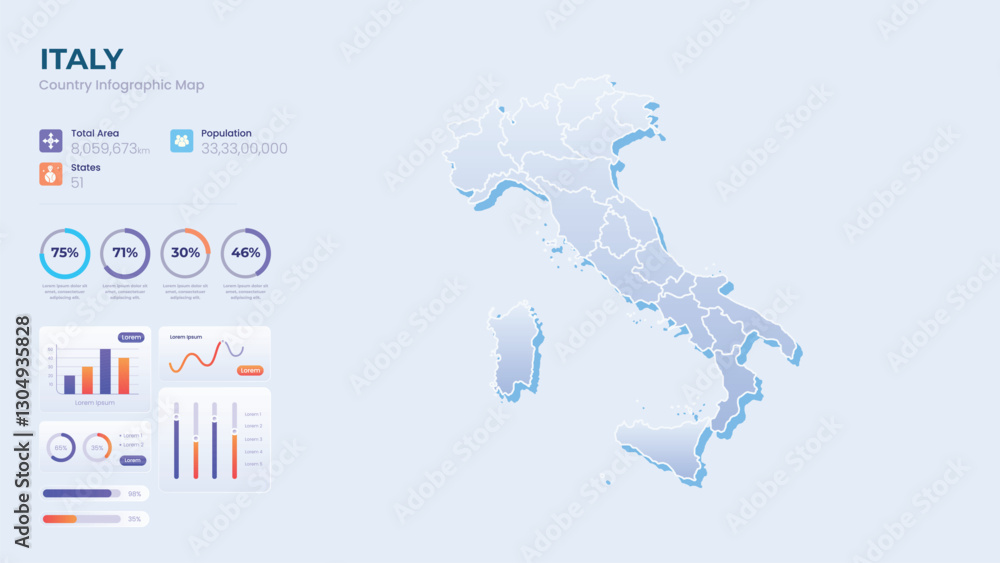 Naklejka premium Infographic Map of Italy. Total Area, Papulation, States & More Detailed Infographic Map of Italy. Vector Illustration