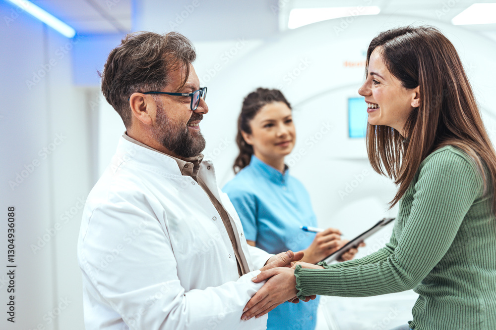 Fototapeta premium Cheerful Doctor Greeting a Patient in a Bright Modern Healthcare Environment
