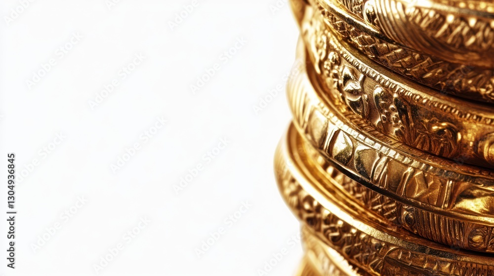 Fototapeta premium Stack of gold coins, close-up, white background, financial wealth, investment