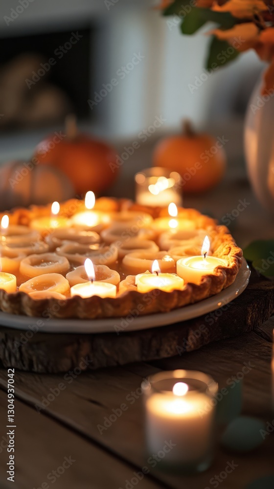 Obraz premium A candlelit pear tart sits on a rustic wooden table