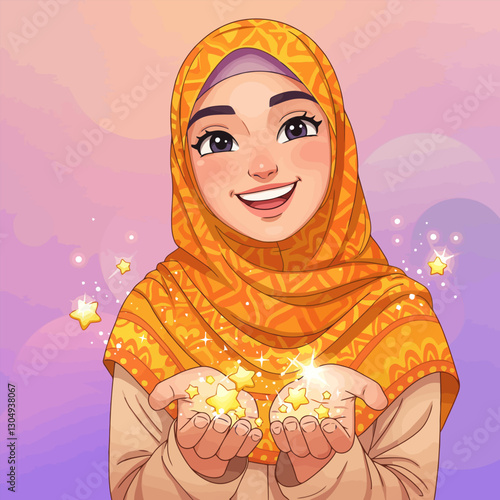 Woman in Hijab Holding Sparkling Stars Vector Illustration