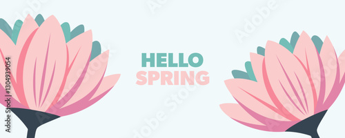 Hello Spring banner with cute flowers for Springtime season greetings and invitations. Vector illustration.	