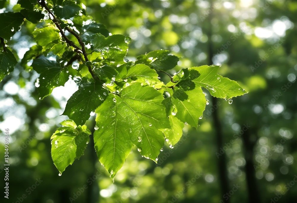 Obraz premium Dewy Green Leaves in a Forest.