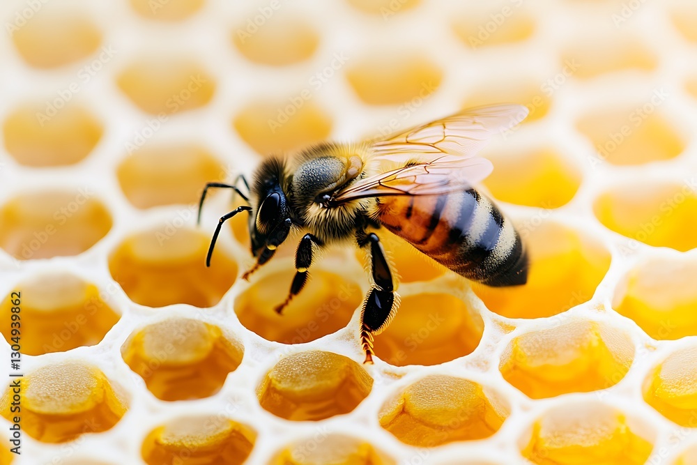 Close-up of a bee collecting nectar from honeycomb cells in a vibrant beehive environment Close-up of a bee collecting nectar from honeycomb cells in a vibrant beehive environment
