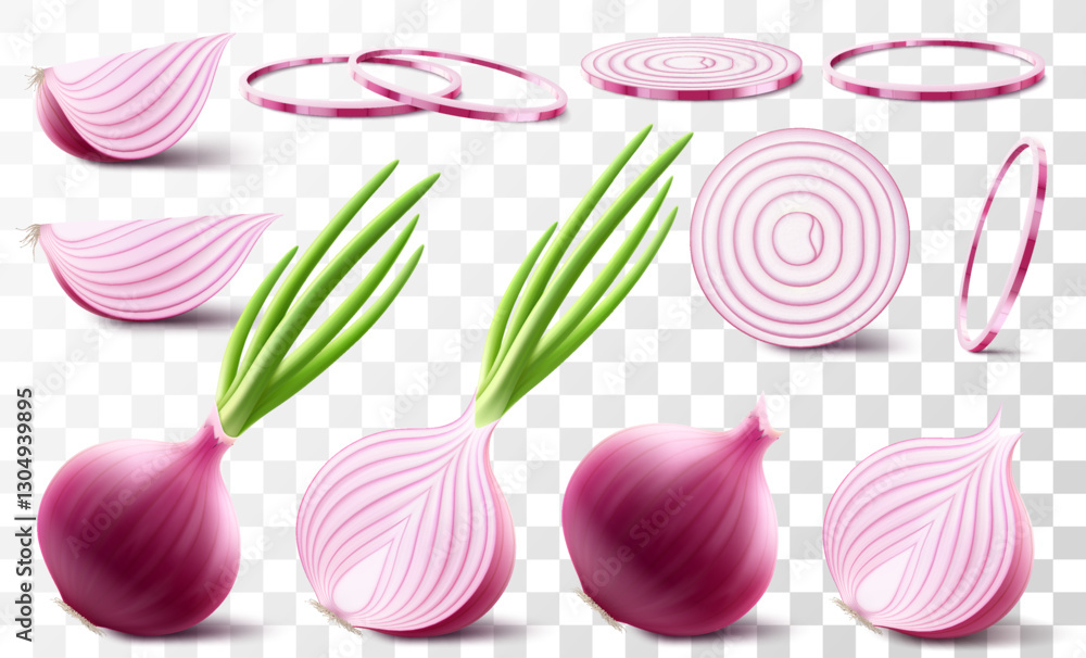 Whole, half and slices of fresh onion. Set of ripe red onion with green feather isolated on transparent background. Healthy food. Natural vegetable. Realistic 3d vector illustration Whole, half and slices of fresh onion. Set of ripe red onion with green feather isolated on transparent background. Healthy food. Natural vegetable. Realistic 3d vector illustration