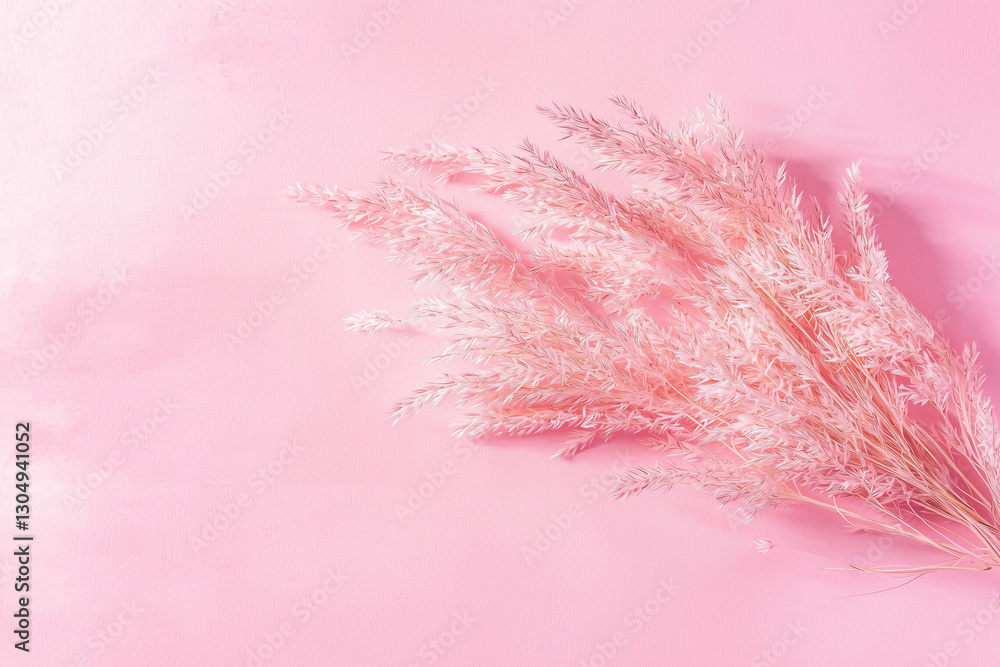 Fototapeta premium Pink Pastel Background with a Sprig of Dried Flowers, Top View, Flat Lay, Copy Space