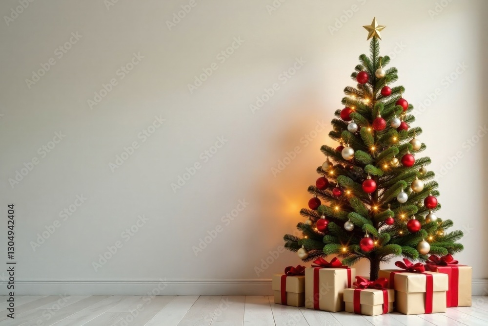 A Festive Christmas Tree with Warm Lights and Wrapped Gifts Against a Simple Wall A Festive Christmas Tree with Warm Lights and Wrapped Gifts Against a Simple Wall