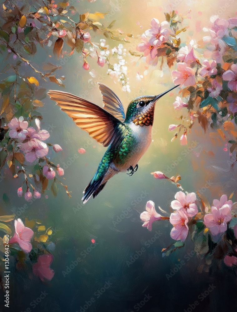 Naklejka premium A hummingbird in flight amidst a profusion of delicate pink blossoms. Sunlight filters through the branches, creating a warm and vibrant atmosphere.