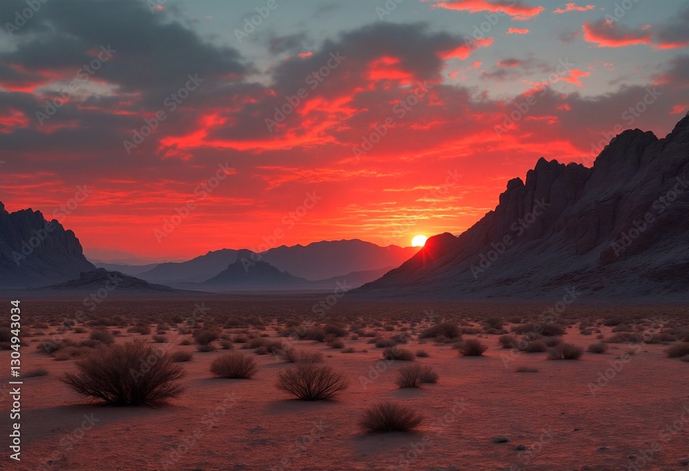 Naklejka premium The sun sets on a vast desert landscape, casting a fiery glow over the sandy dunes and rocky outcroppings.