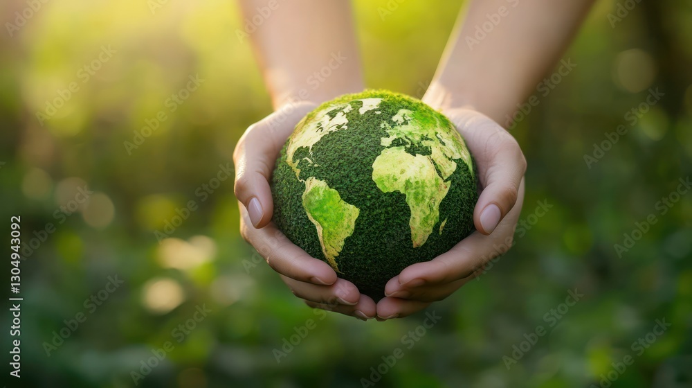 A pair of hands cradles a grassy globe of the world A pair of hands cradles a grassy globe of the world