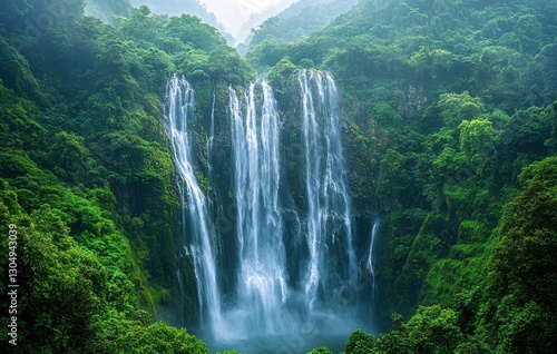 Majestic Waterfall Cascading Through Lush Green Jungle Surrounded by Misty Mountains in Vibrant Nature Scene