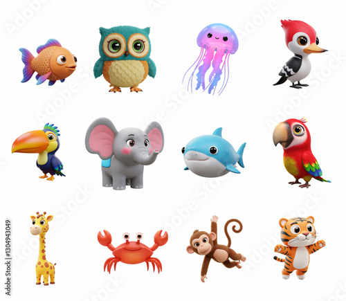 Animals, birds and fish. 3d render cartoon icon set. Owl, woodpecker, toucan, parrot, elephant, tiger, monkey, giraffe, crab, jellyfish, starfish, shark