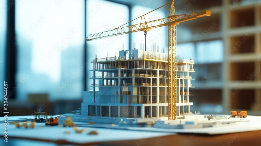 Close-up of an architect 3D paper design model, showing a construction crane next to a high-rise building. background wallpaper AI generated image Close-up of an architect 3D paper design model, showing a construction crane next to a high-rise building. background wallpaper AI generated image