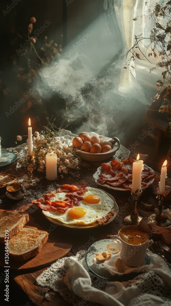 Rustic Morning Breakfast With Eggs Bacon And Toast Rustic Morning Breakfast With Eggs Bacon And Toast