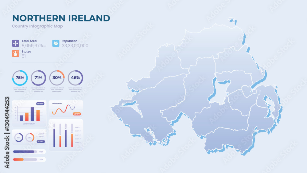 Obraz premium Infographic Map of Northern Ireland. Total Area, Papulation, States & More Detailed Infographic Map of Northern Ireland. Vector Illustration
