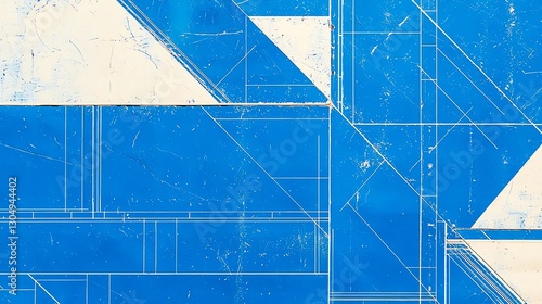 Abstract blueprint design in blue and white showcasing geometric patterns and textures.