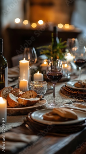Romantic Candlelit Dinner Table Setting With Wine