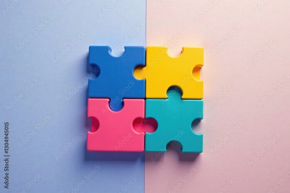 Fototapeta premium Colorful Interlocking Puzzle Pieces on a Divided Surface Representing Unity and Collaboration