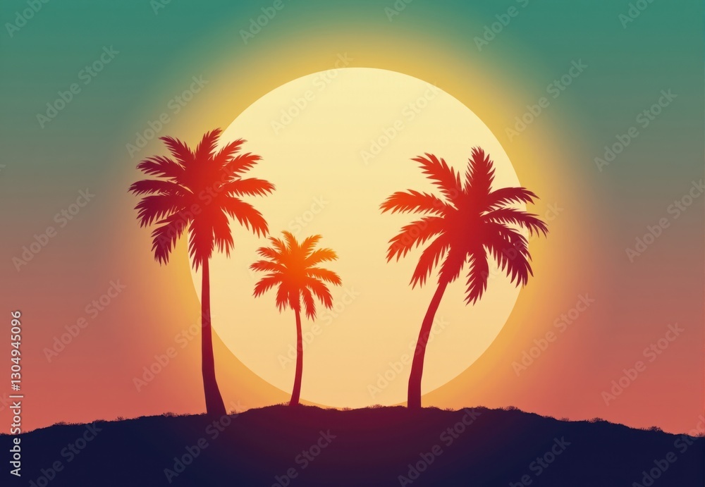 Obraz premium Three Palm Trees Silhouetted Against Setting Sun