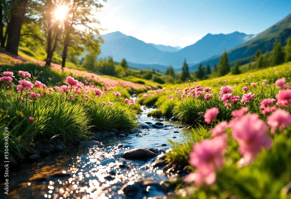 Obraz premium A serene and picturesque scene of a small stream flowing through a lush green field with pink flowers.