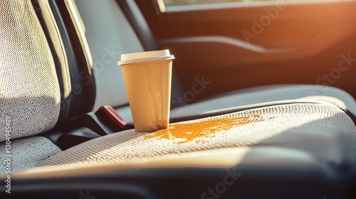 Coffee spill on car seat with sunlight illuminating the scene, showcasing everyday moments.