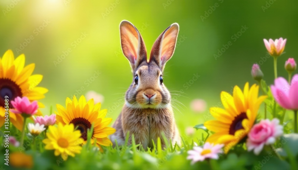 Bunny peeking out from behind a patch of colorful flowers, sunflowers, flowers, daisies Bunny peeking out from behind a patch of colorful flowers, sunflowers, flowers, daisies