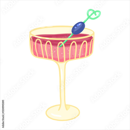 Flat glass of red wine with grape on a skewer. Modern glass for wine, champagne, prosecco, brut. Hand drawn vector illustration on a white background. Celebration concept.